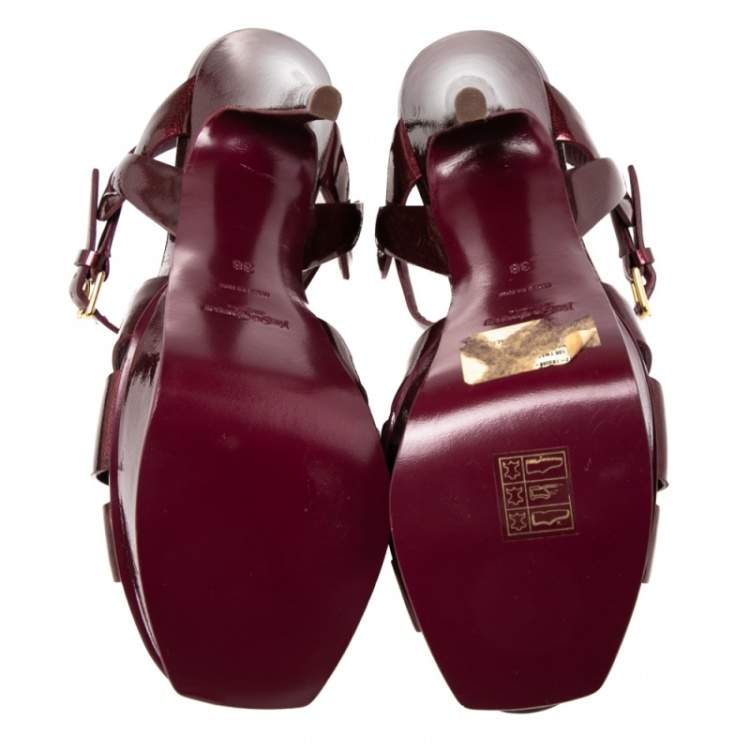 Pre Owned Yves Saint Laurent Burgundy  Patent Leather Tribute Platform Sandals Size 38