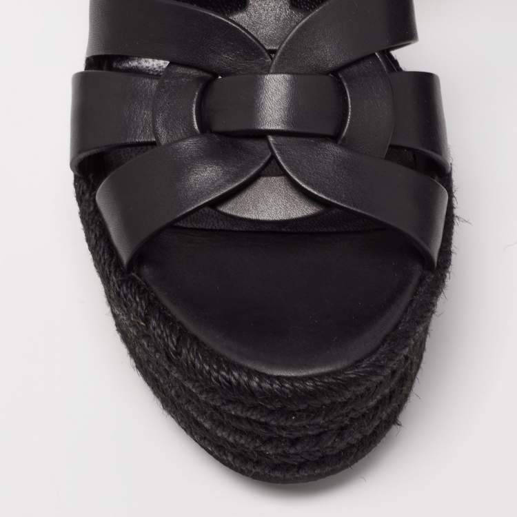 Pre Owned Yves Saint Laurent Black  Leather Tribute Espadrilles Wedge Sandals Size 40