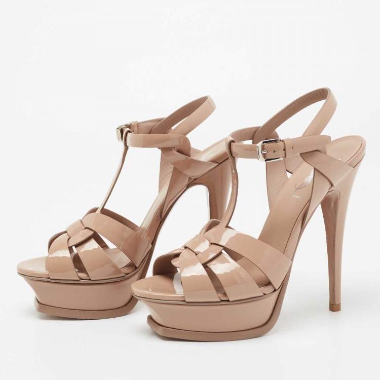 Pre Owned Yves Saint Laurent Beige Patent Leather Tribute Platform Sandals Size 35.5