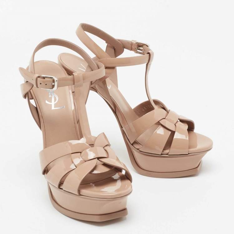 Pre Owned Yves Saint Laurent Beige Patent Leather Tribute Platform Sandals Size 35.5