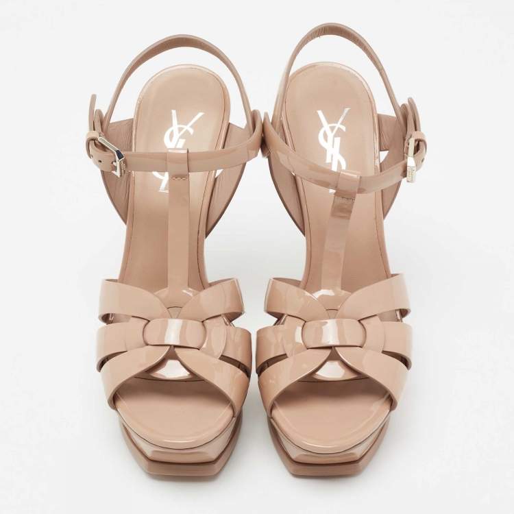 Pre Owned Yves Saint Laurent Beige Patent Leather Tribute Platform Sandals Size 35.5
