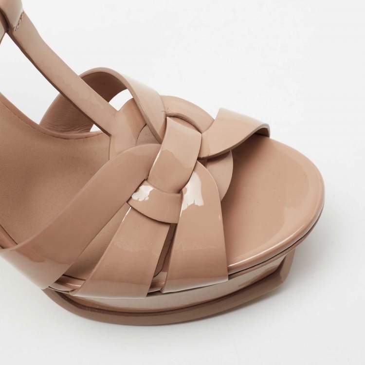 Pre Owned Yves Saint Laurent Beige Patent Leather Tribute Platform Sandals Size 35.5