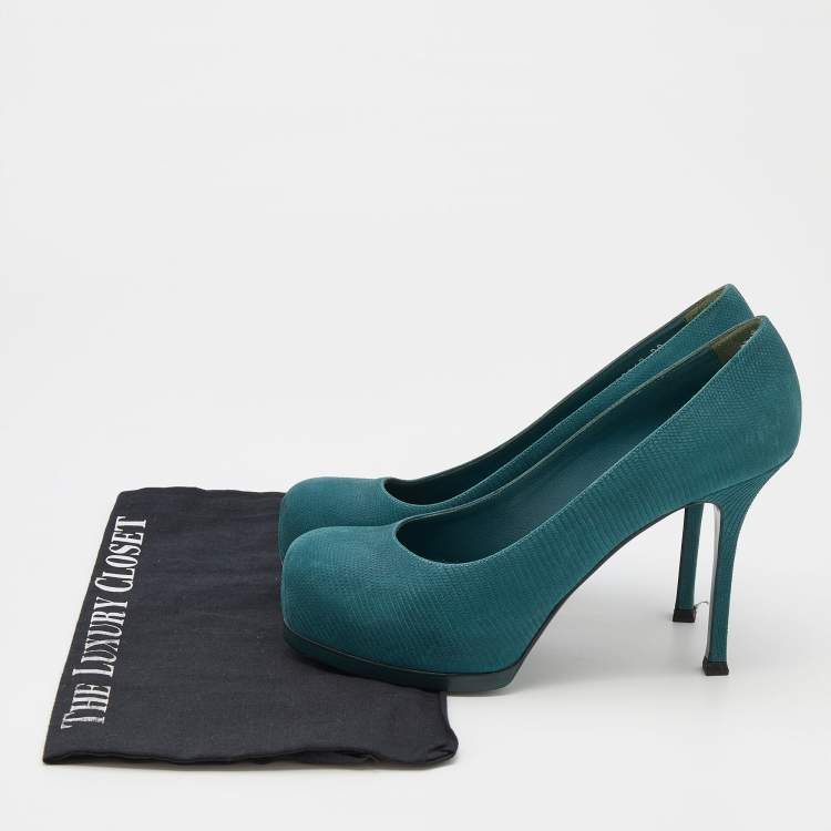 Pre Owned Yves Saint Laurent Teal Blue Lizard Embossed Leather Tribtoo Platform Pumps Size 38