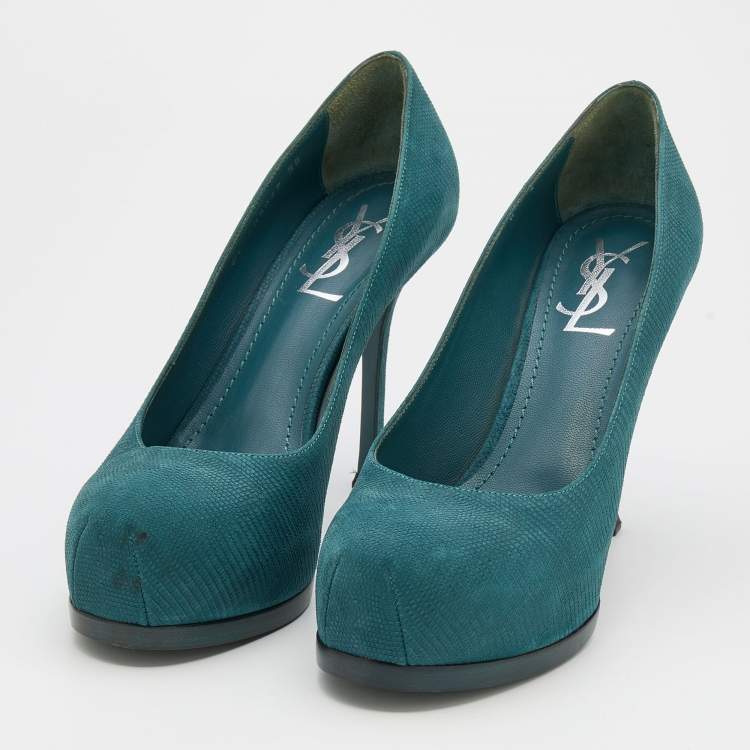 Pre Owned Yves Saint Laurent Teal Blue Lizard Embossed Leather Tribtoo Platform Pumps Size 38