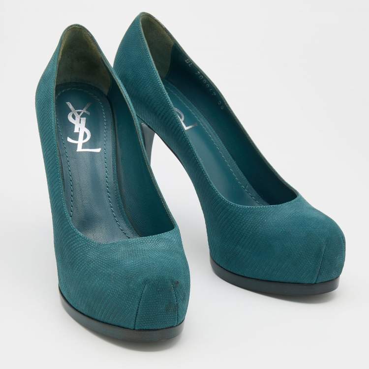 Pre Owned Yves Saint Laurent Teal Blue Lizard Embossed Leather Tribtoo Platform Pumps Size 38