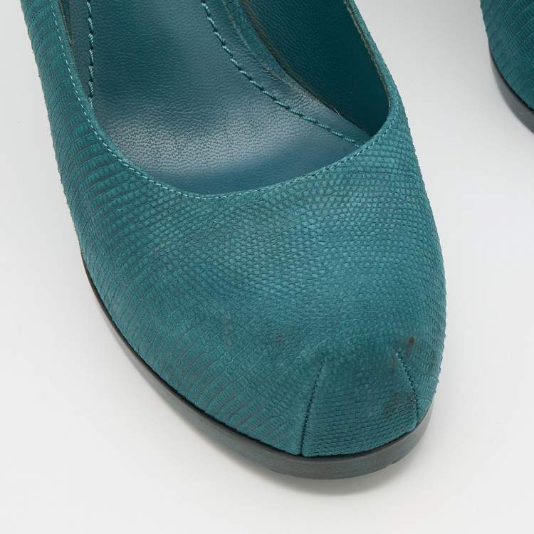 Pre Owned Yves Saint Laurent Teal Blue Lizard Embossed Leather Tribtoo Platform Pumps Size 38