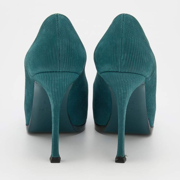 Pre Owned Yves Saint Laurent Teal Blue Lizard Embossed Leather Tribtoo Platform Pumps Size 38