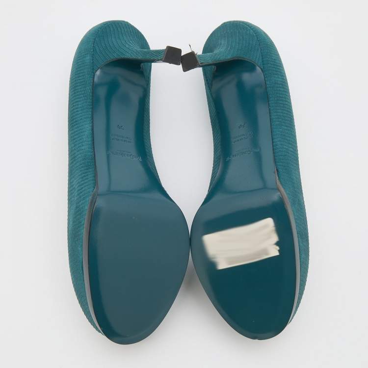 Pre Owned Yves Saint Laurent Teal Blue Lizard Embossed Leather Tribtoo Platform Pumps Size 38