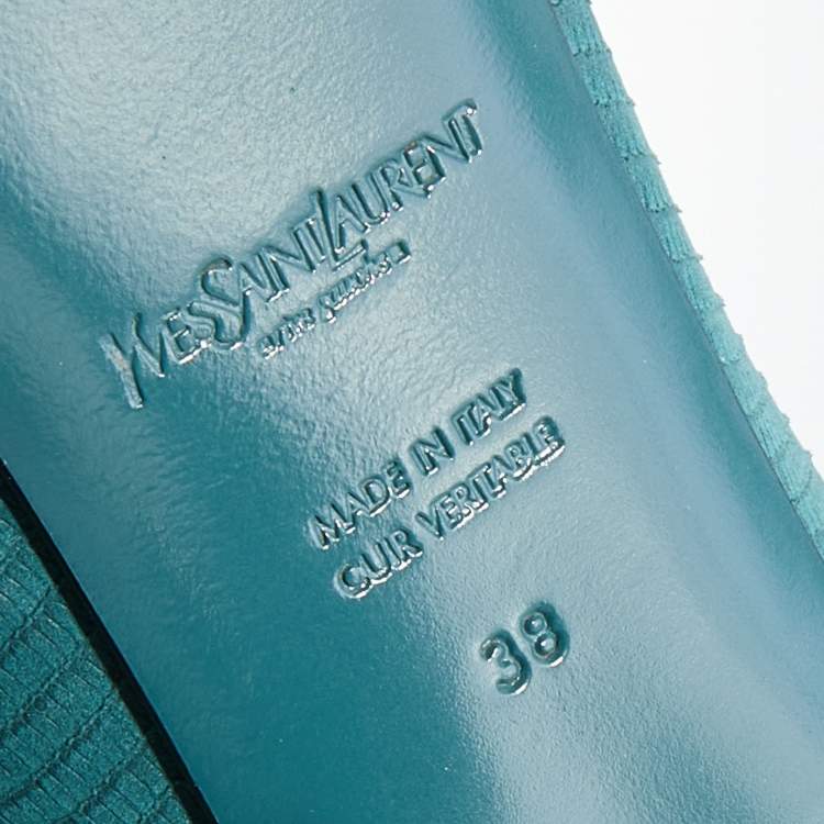 Pre Owned Yves Saint Laurent Teal Blue Lizard Embossed Leather Tribtoo Platform Pumps Size 38