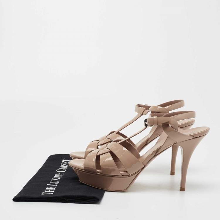 Pre Owned Yves Saint Laurent Beige Patent Leather Tribute Ankle Strap Sandals Size 40.5