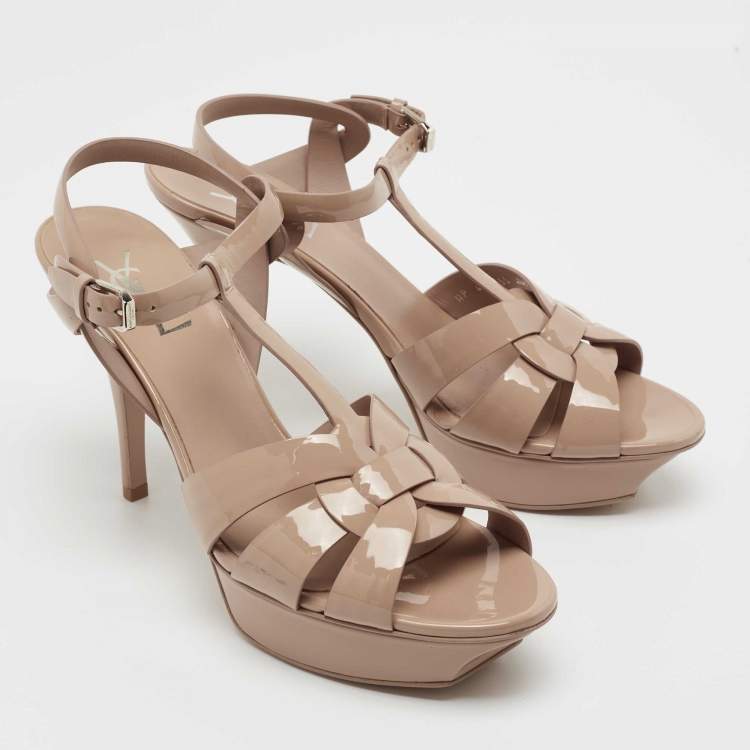 Pre Owned Yves Saint Laurent Beige Patent Leather Tribute Ankle Strap Sandals Size 40.5