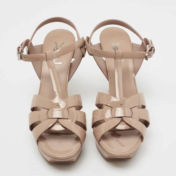 Pre Owned Yves Saint Laurent Beige Patent Leather Tribute Ankle Strap Sandals Size 40.5