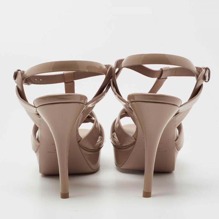 Pre Owned Yves Saint Laurent Beige Patent Leather Tribute Ankle Strap Sandals Size 40.5