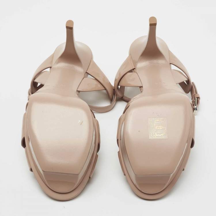 Pre Owned Yves Saint Laurent Beige Patent Leather Tribute Ankle Strap Sandals Size 40.5