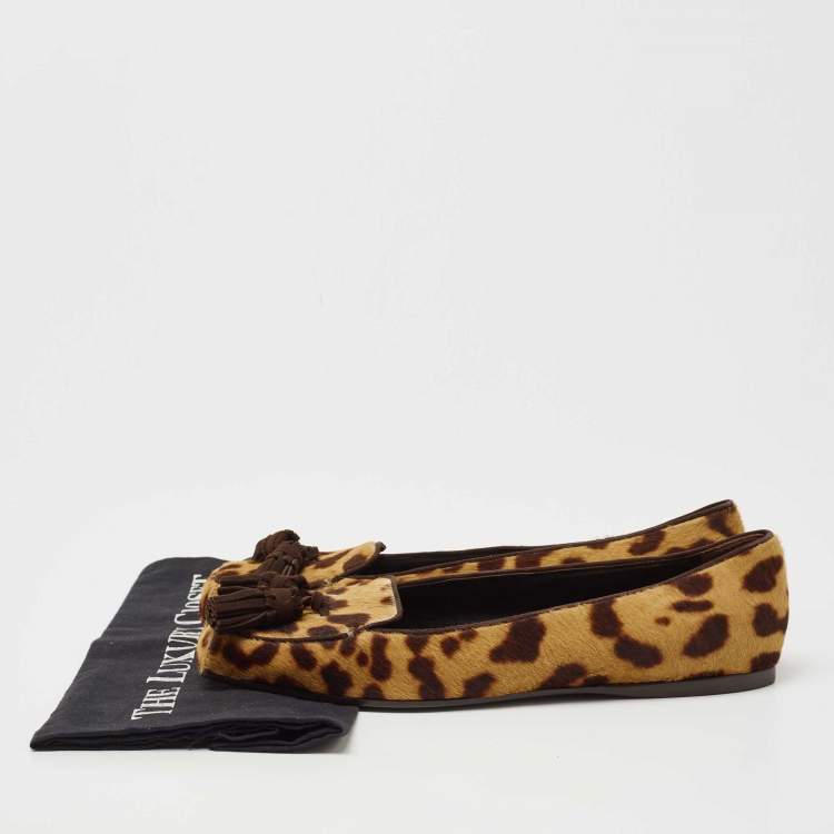 Pre Owned Yves Saint Laurent Brown/Beige Leopard Print Calf Hair Fringe Loafers Size 41
