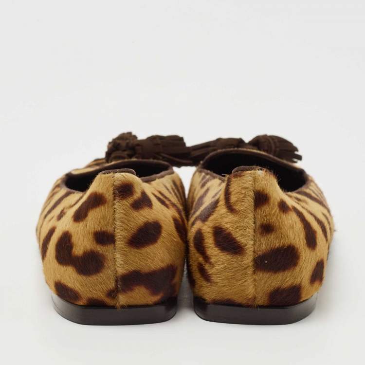 Pre Owned Yves Saint Laurent Brown/Beige Leopard Print Calf Hair Fringe Loafers Size 41
