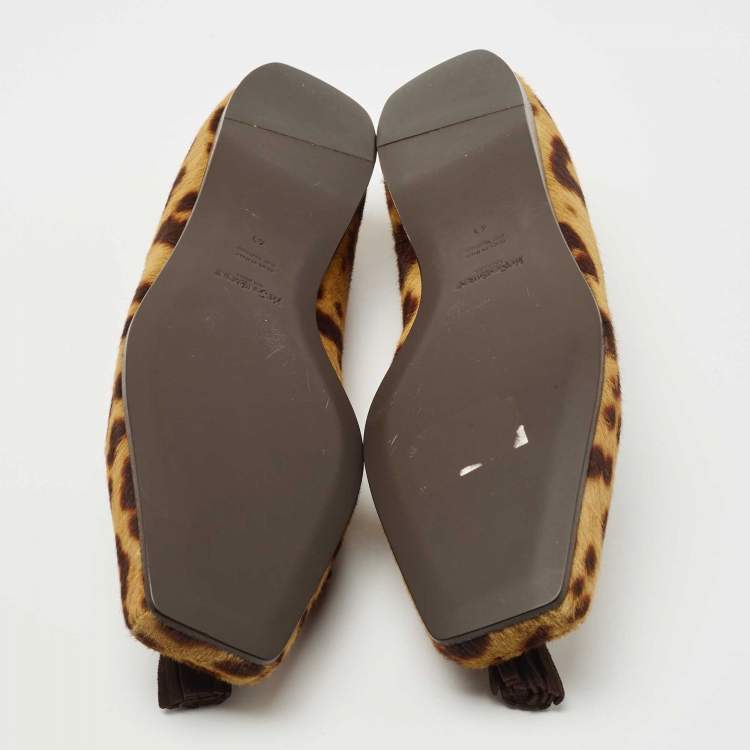 Pre Owned Yves Saint Laurent Brown/Beige Leopard Print Calf Hair Fringe Loafers Size 41