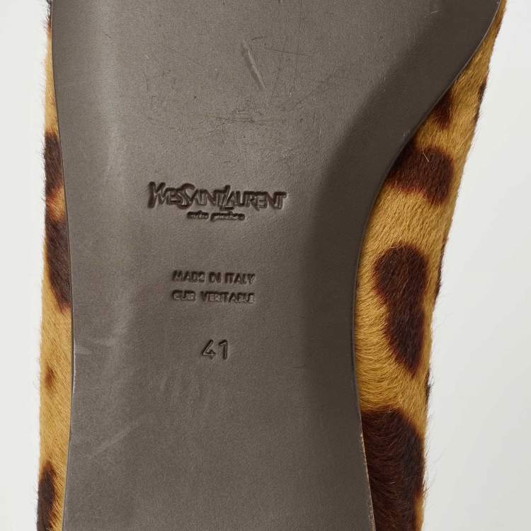 Pre Owned Yves Saint Laurent Brown/Beige Leopard Print Calf Hair Fringe Loafers Size 41