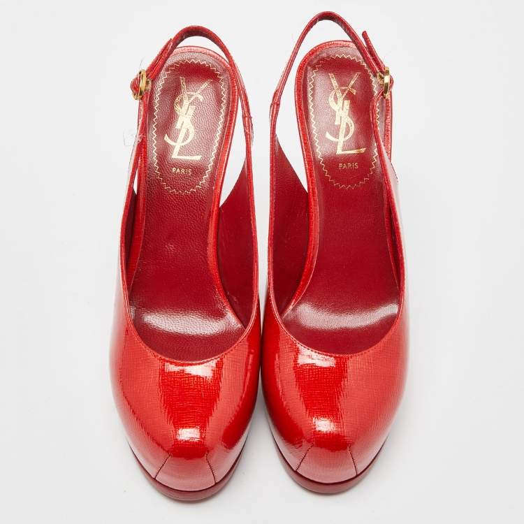 Pre Owned Yves Saint Laurent Red Patent Leather Tribtoo Slingback Pumps Size 36.5