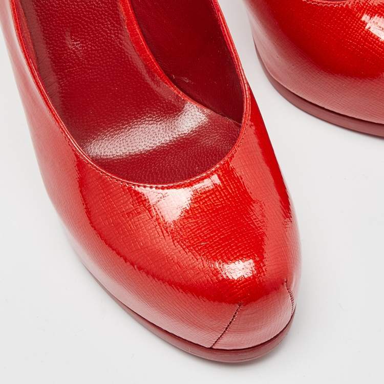 Pre Owned Yves Saint Laurent Red Patent Leather Tribtoo Slingback Pumps Size 36.5