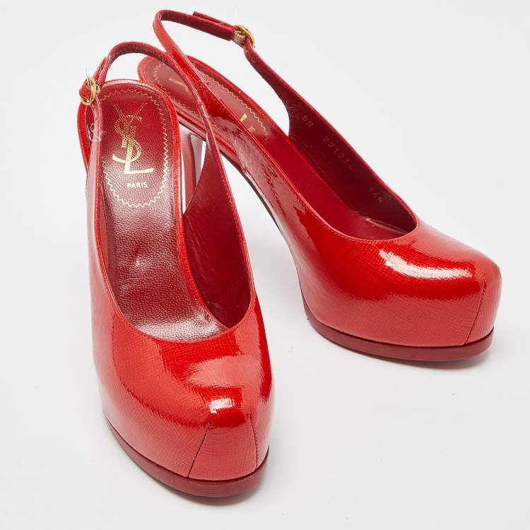 Pre Owned Yves Saint Laurent Red Patent Leather Tribtoo Slingback Pumps Size 36.5
