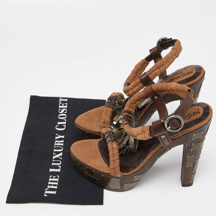 مملوكة مسبقًا Yves Saint Laurent Brown Leather and Canvas Embellished Platform Ankle Strap Sandals Size 38