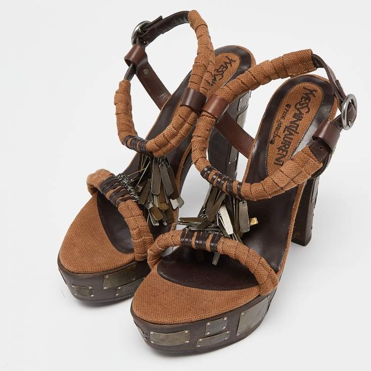 مملوكة مسبقًا Yves Saint Laurent Brown Leather and Canvas Embellished Platform Ankle Strap Sandals Size 38