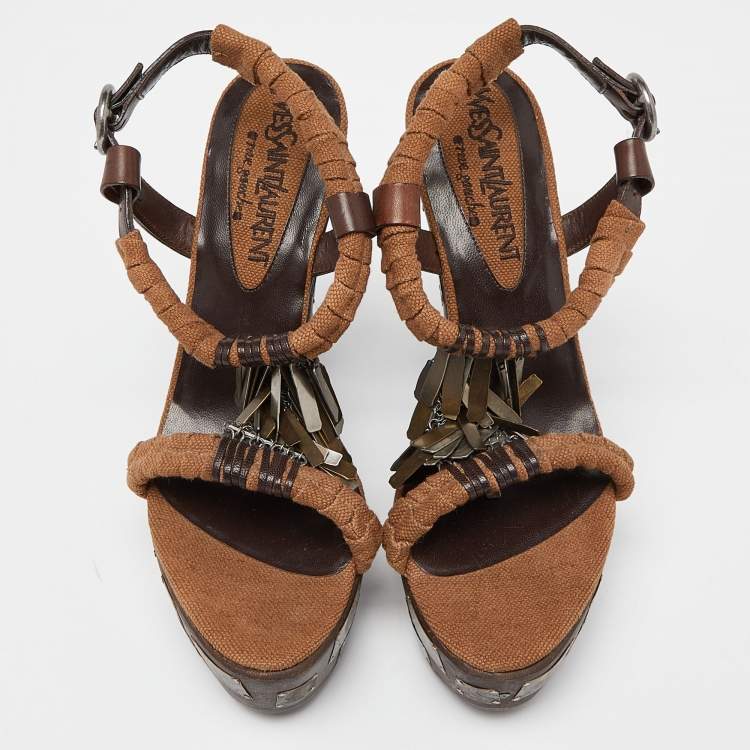 مملوكة مسبقًا Yves Saint Laurent Brown Leather and Canvas Embellished Platform Ankle Strap Sandals Size 38