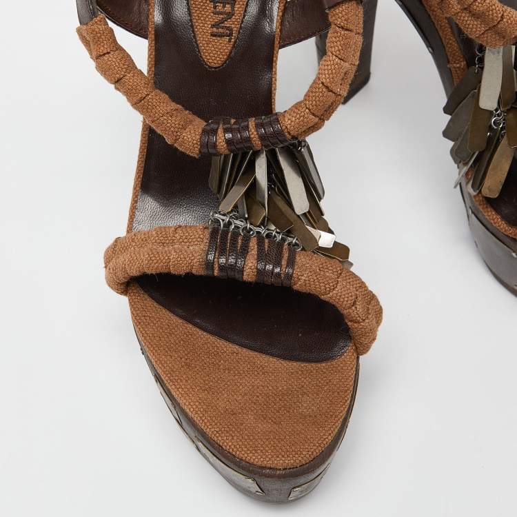 مملوكة مسبقًا Yves Saint Laurent Brown Leather and Canvas Embellished Platform Ankle Strap Sandals Size 38