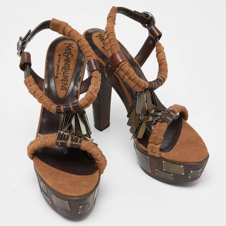 مملوكة مسبقًا Yves Saint Laurent Brown Leather and Canvas Embellished Platform Ankle Strap Sandals Size 38