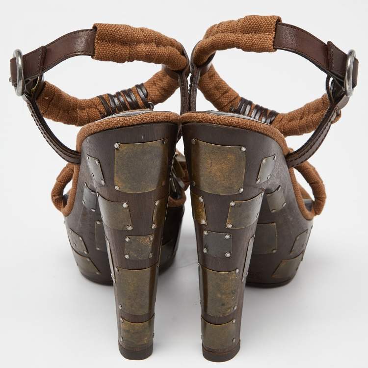 مملوكة مسبقًا Yves Saint Laurent Brown Leather and Canvas Embellished Platform Ankle Strap Sandals Size 38