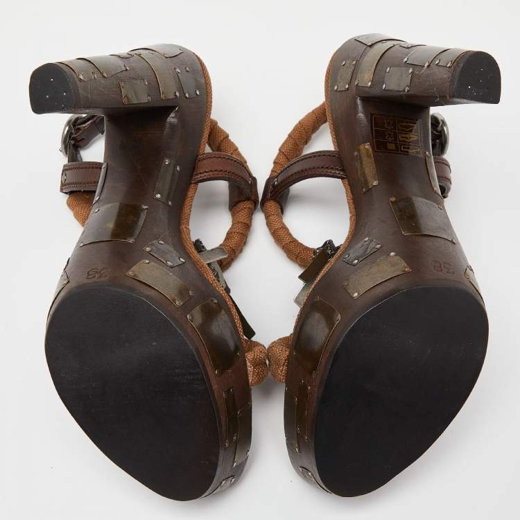 مملوكة مسبقًا Yves Saint Laurent Brown Leather and Canvas Embellished Platform Ankle Strap Sandals Size 38