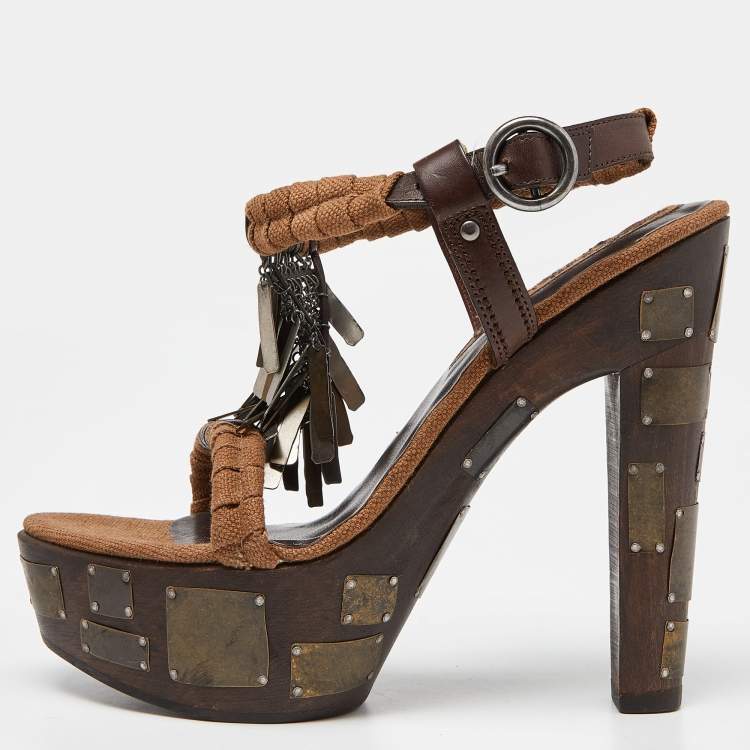 مملوكة مسبقًا Yves Saint Laurent Brown Leather and Canvas Embellished Platform Ankle Strap Sandals Size 38