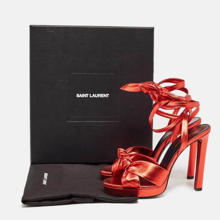 Pre Owned Yves Saint Laurent Red Leather Knotted Ankle Wrap Sandals Size 38
