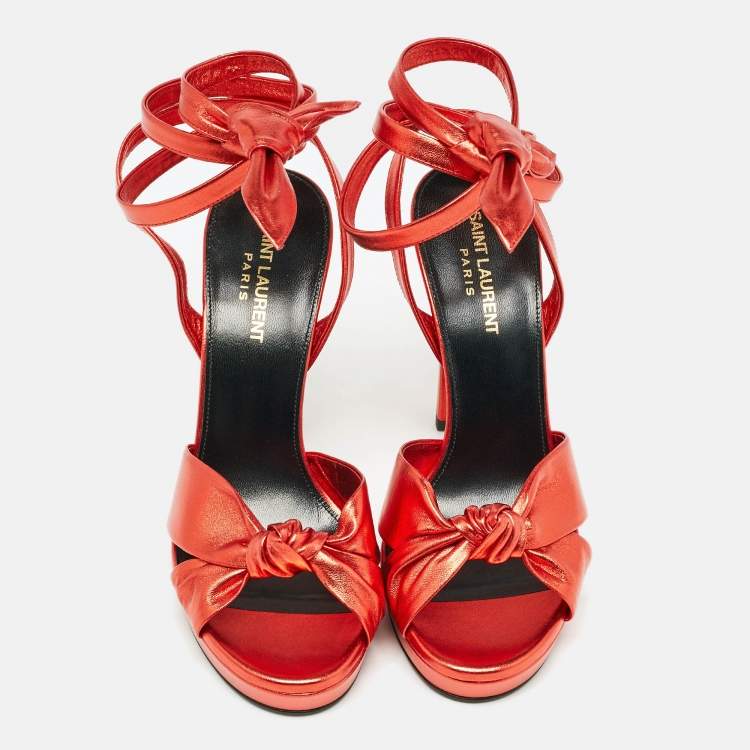 Pre Owned Yves Saint Laurent Red Leather Knotted Ankle Wrap Sandals Size 38