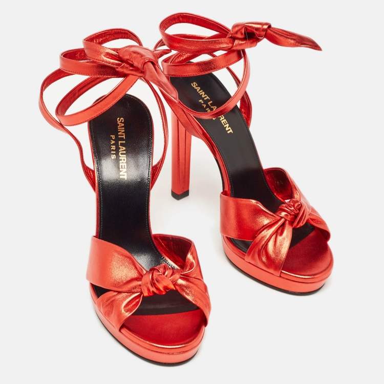 Pre Owned Yves Saint Laurent Red Leather Knotted Ankle Wrap Sandals Size 38