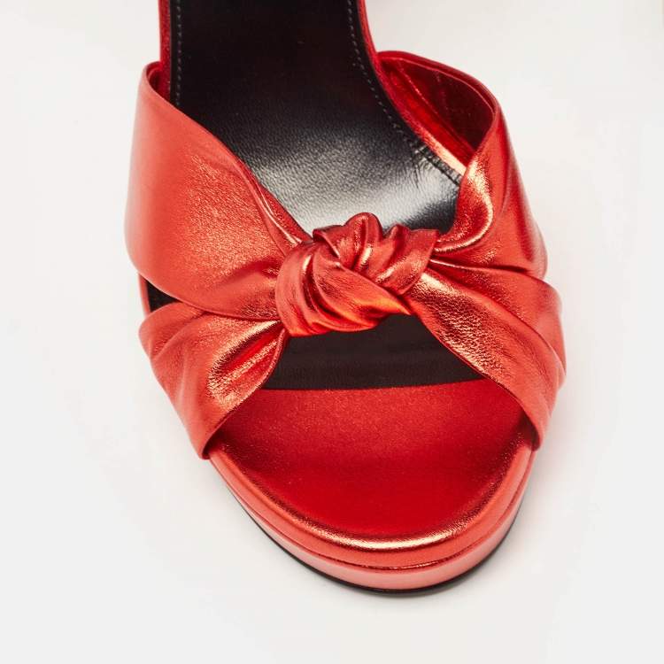 Pre Owned Yves Saint Laurent Red Leather Knotted Ankle Wrap Sandals Size 38