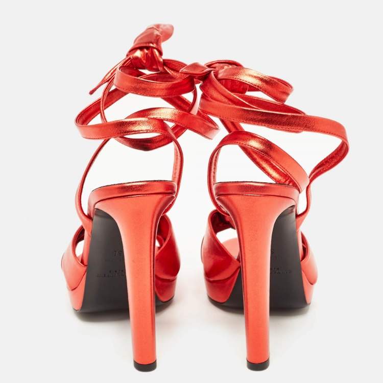 Pre Owned Yves Saint Laurent Red Leather Knotted Ankle Wrap Sandals Size 38