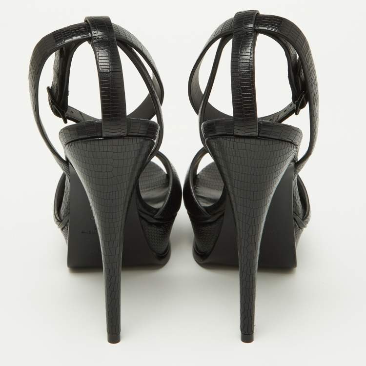 Pre Owned Saint Laurent Black Leather Tribute Ankle Strap Sandals Size 38
