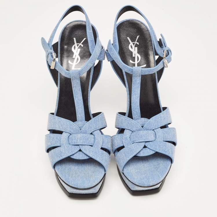 Pre Owned Yves Saint Laurent Blue Denim Tribute Ankle Strap Sandals Size 39
