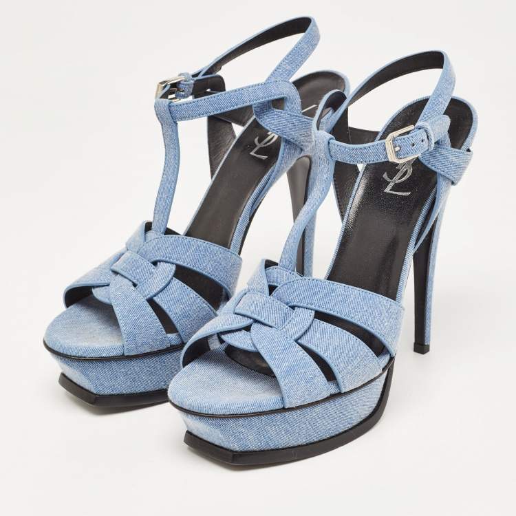 Pre Owned Yves Saint Laurent Blue Denim Tribute Ankle Strap Sandals Size 39