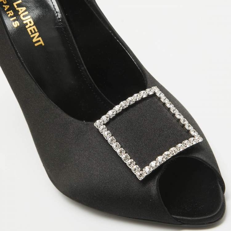 مملوكة مسبقًا Saint Laurent Black Satin Franky 115 Peep Toe Pumps Size 38