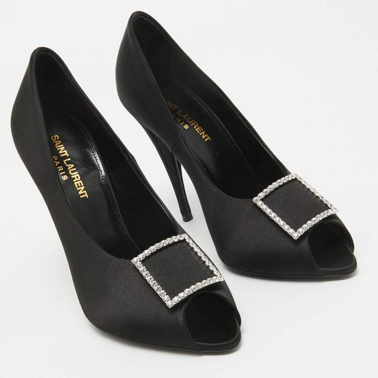 مملوكة مسبقًا Saint Laurent Black Satin Franky 115 Peep Toe Pumps Size 38
