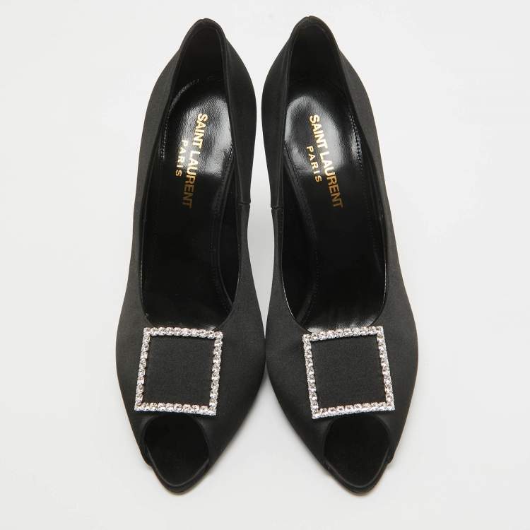 مملوكة مسبقًا Saint Laurent Black Satin Franky 115 Peep Toe Pumps Size 38