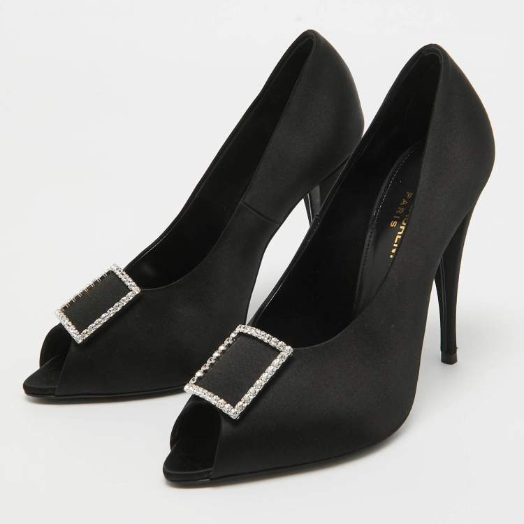 مملوكة مسبقًا Saint Laurent Black Satin Franky 115 Peep Toe Pumps Size 38