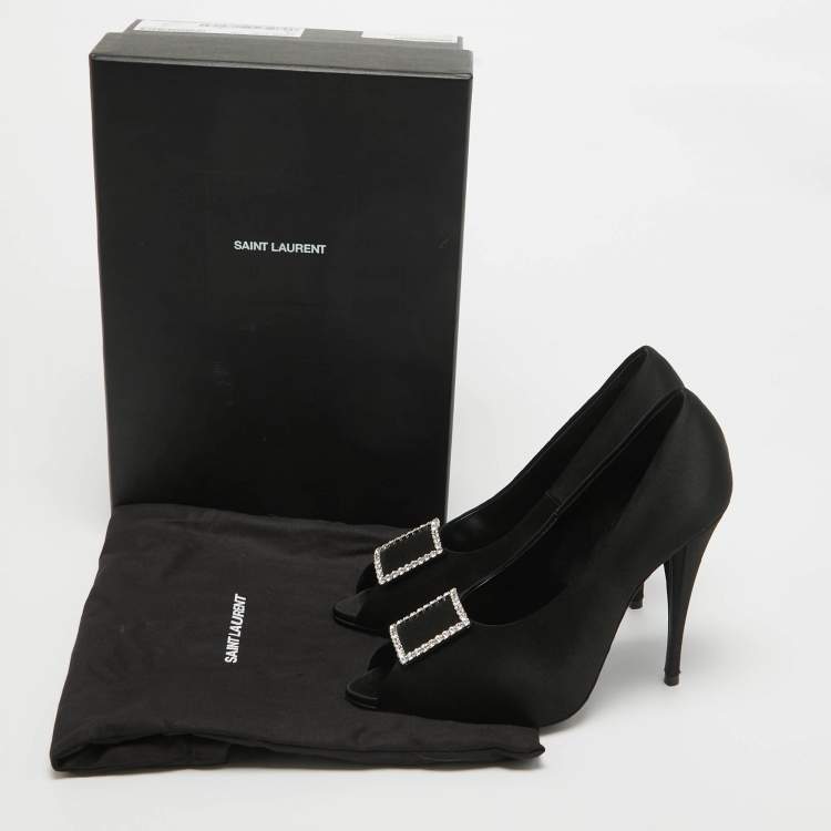 مملوكة مسبقًا Saint Laurent Black Satin Franky 115 Peep Toe Pumps Size 38