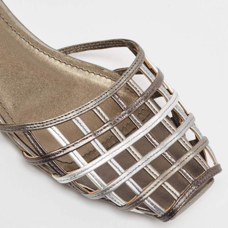 Pre Owned Yves Saint Laurent Metallic Tricolor Leather Caged Ankle Strap Flats Size 40