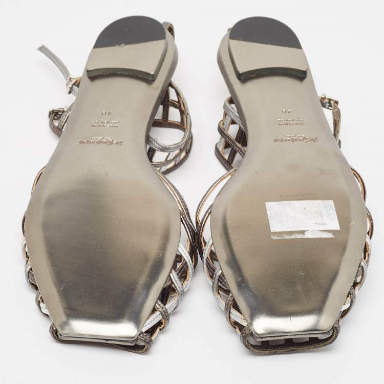 Pre Owned Yves Saint Laurent Metallic Tricolor Leather Caged Ankle Strap Flats Size 40