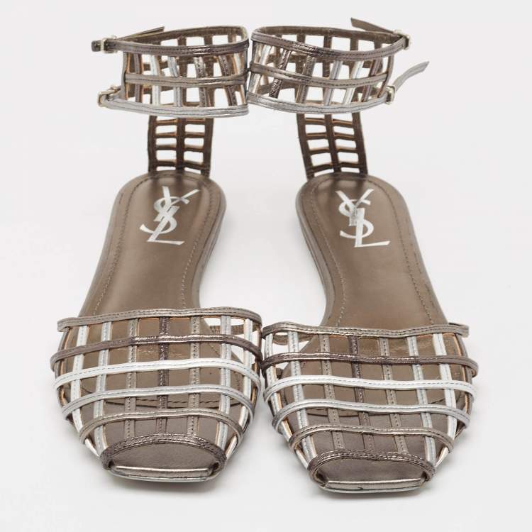 Pre Owned Yves Saint Laurent Metallic Tricolor Leather Caged Ankle Strap Flats Size 40