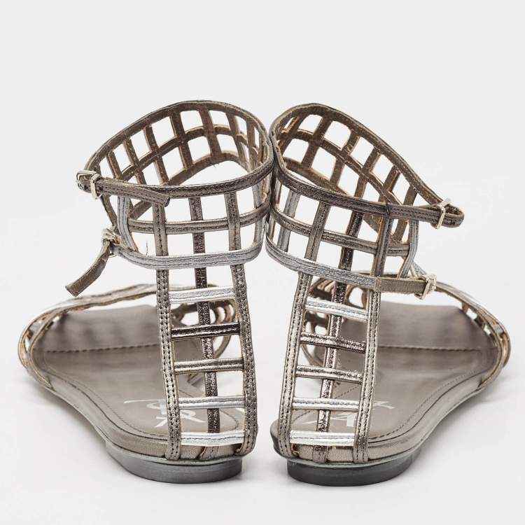 Pre Owned Yves Saint Laurent Metallic Tricolor Leather Caged Ankle Strap Flats Size 40